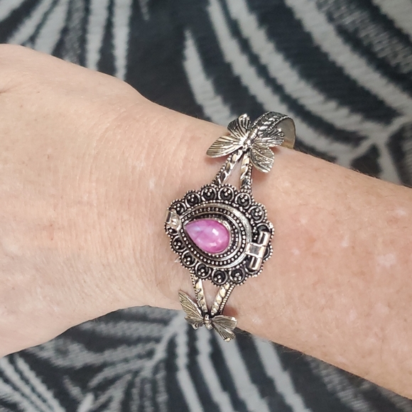 New Pink Rainbow Moonstone 925 Silver Butterflies Poison Cuff Bracelet. - Picture 12 of 12